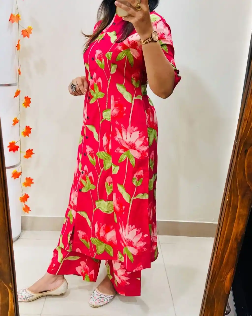 Lotus Pink & Leaf Green Floral Print Women’s Printed Straight Kurta with pant Set.png